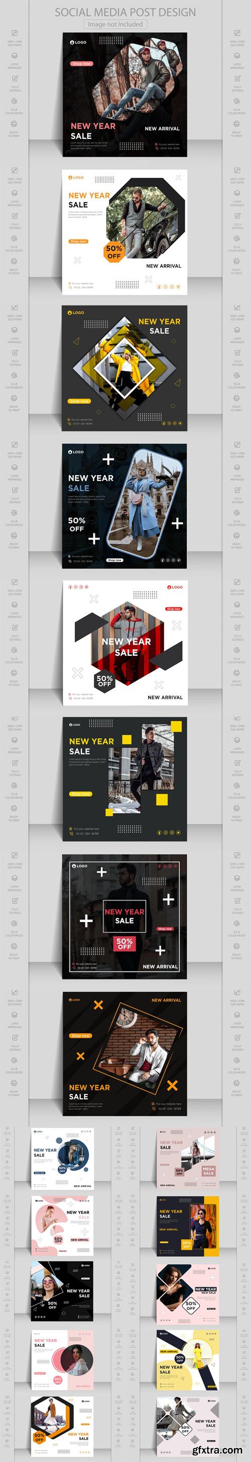 Winter & New Year Sales - 18 Square Social Media Posts - Vector Templates Winter & New Year Sales - 18 Square Social Media Posts - Vector Templates
