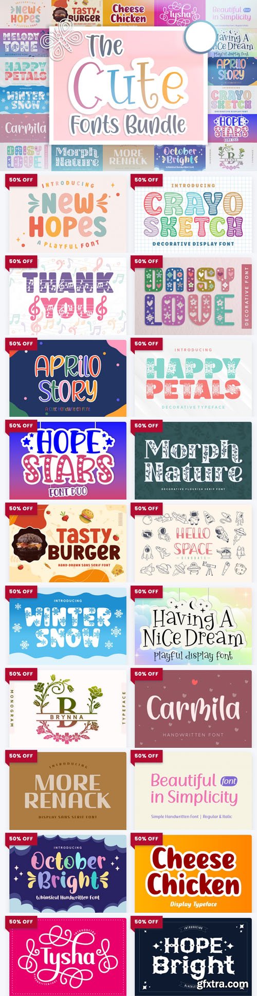 The Cute Fonts Bundle - 20 Premium Fonts