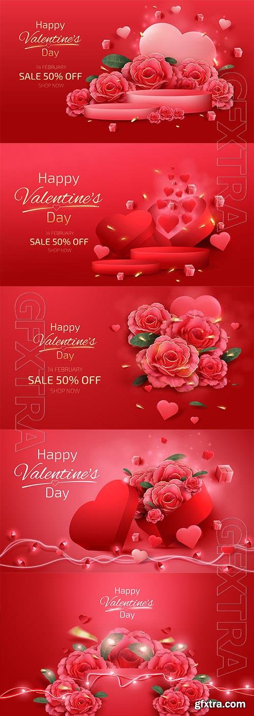 Vector valentine's day background decorated with heart shaped gift boxes and red roses