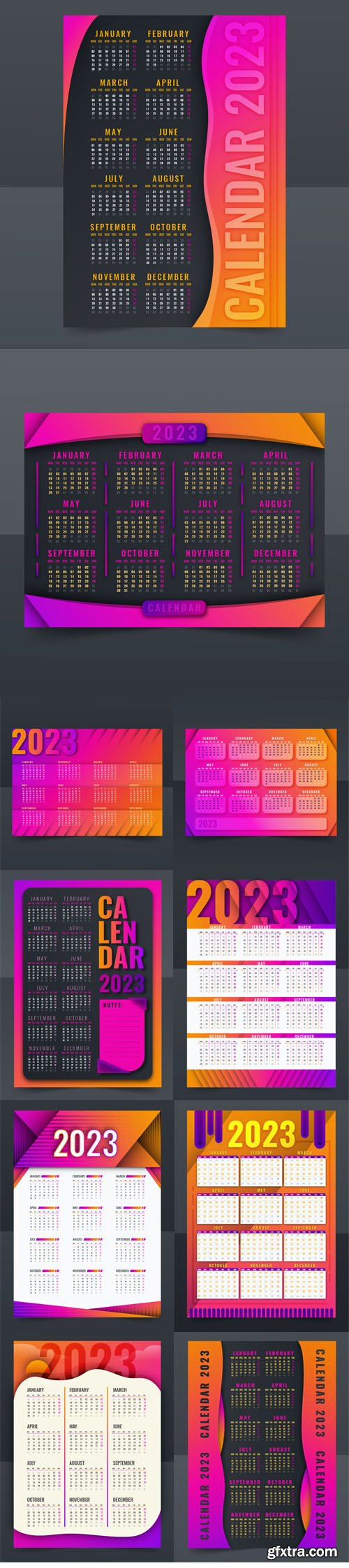 Gradient Annual 2023 Calendars - 10 Vector Templates Gradient Annual 2023 Calendars - 10 Vector Templates