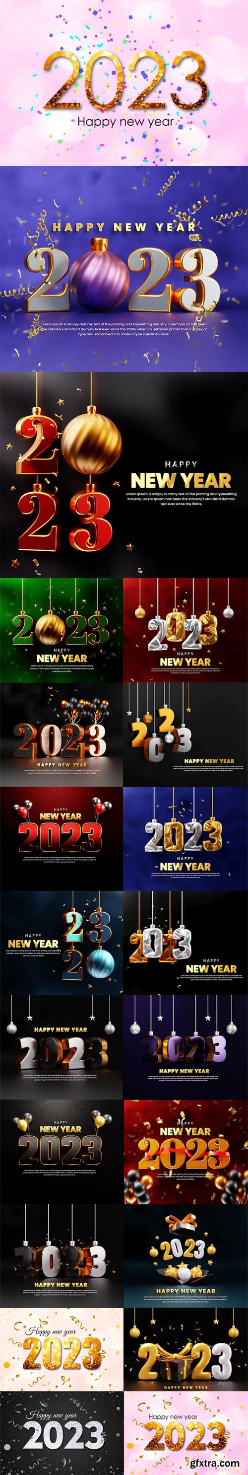 Happy New Year 2023 - Realistic Creative 3D Backgrounds PSD Templates Happy New Year 2023 - Realistic Creative 3D Backgrounds PSD Templates