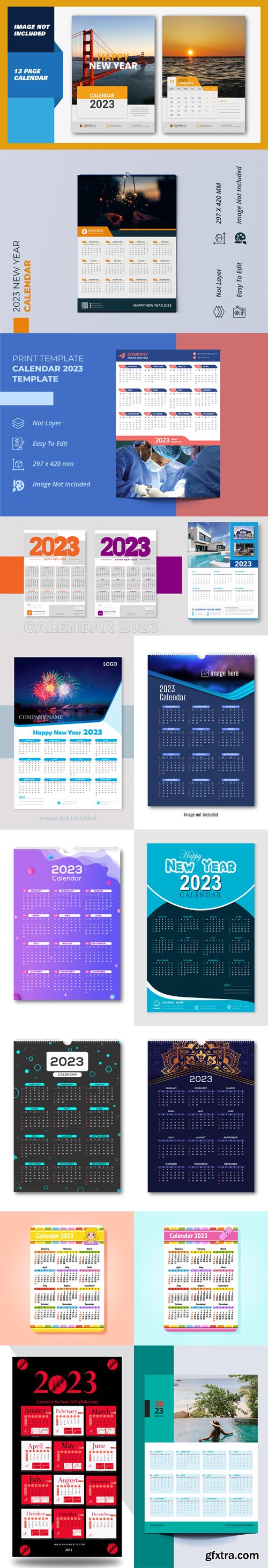 Annual Wall Calendars 2023 Pack - 15 Vector Templates Annual Wall Calendars 2023 Pack - 15 Vector Templates