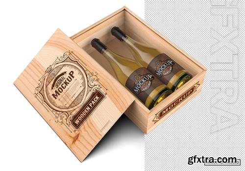PSD wooden box with white wine bottles PSD wooden box with white wine bottles