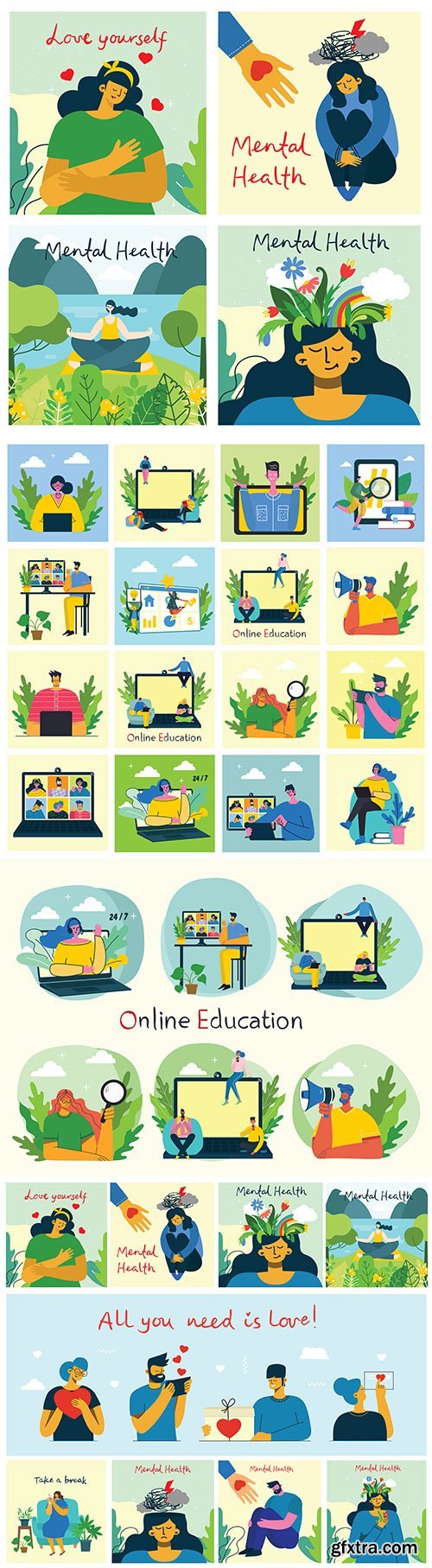 Happy people education and love drawn illustrations