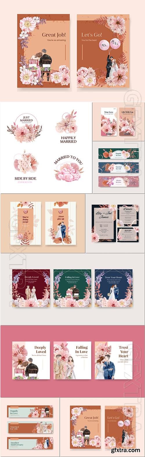 Wedding vector card set in watercolor style Wedding vector card set in watercolor style