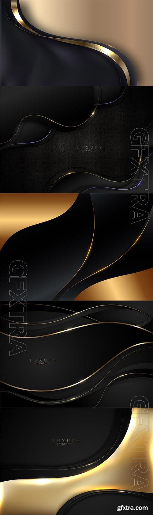 Vector abstract elegant 3d black wave shapes and golden curved line elements with lighting effect on gold background Vector abstract elegant 3d black wave shapes and golden curved line elements with lighting effect on gold background