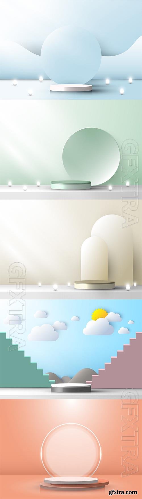 Vector 3d stage layered podium pedestal with circle backdrop and neon light Vector 3d stage layered podium pedestal with circle backdrop and neon light