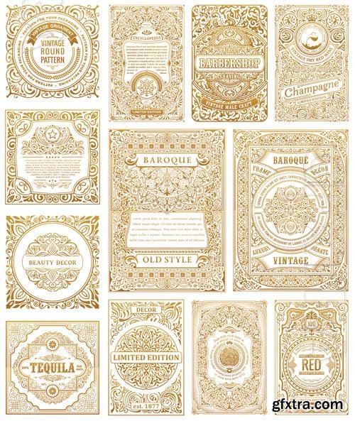 Vector vintage golden set cards calligraphic frames design labels