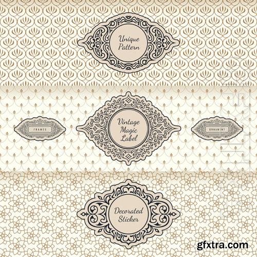 Vector design labels and horizontal frames packaging on seamless background vintage ornament