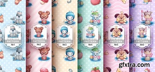 Vector seamless pattern cartoon character adorable animal in hole