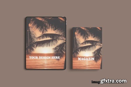 Tablet with magazine cover mockup