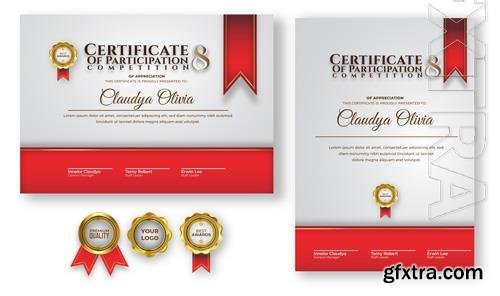 Vector certificate of achievement template with portrait and landscape design and gold badge