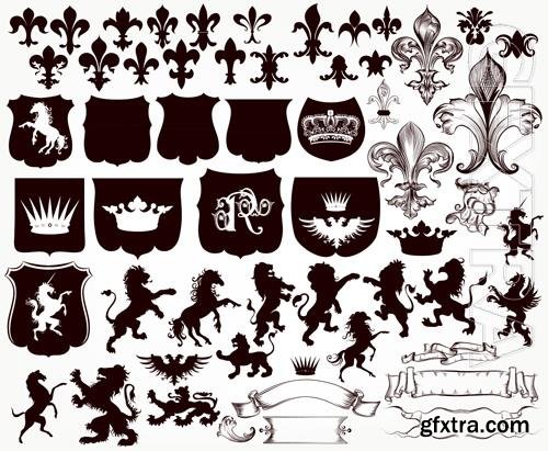 Heraldic collection of shields, silhouettes of lions, griffins and fleur de lis