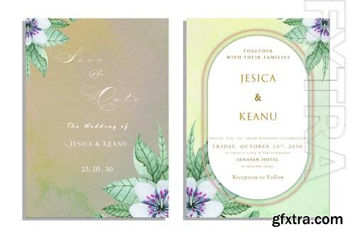 PSD luxury wedding invitation card background with golden line art flower and botanical leaves
