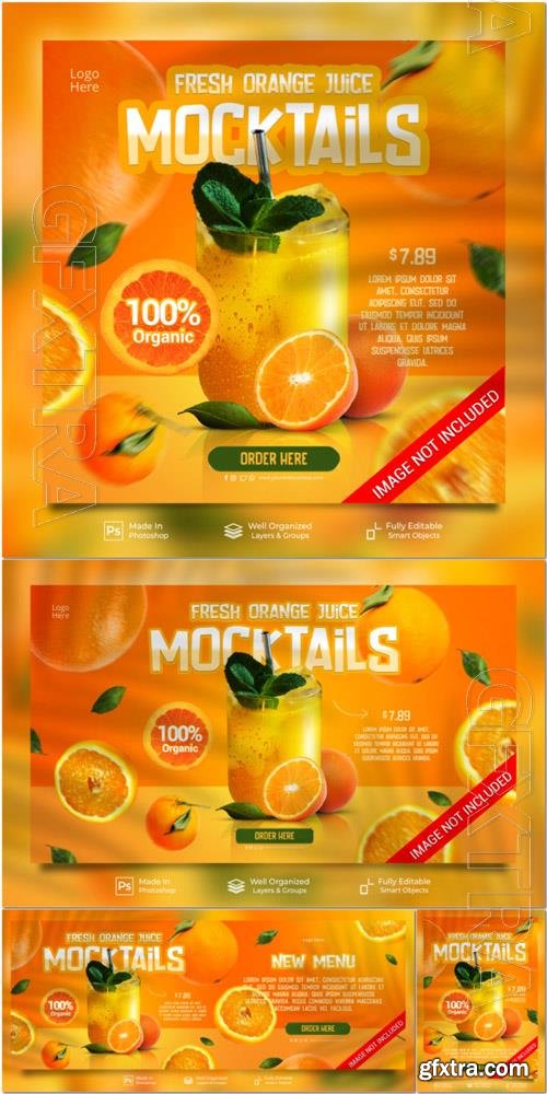 PSD fresh fruit orange juice healthy summer drink for promotion social media post feed banner template