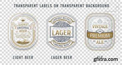 Vector set vintage bottle beer labels, golden stickers, frames background