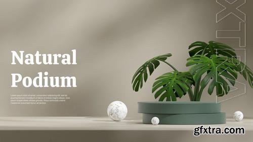 PSD monstera plant and marble ball 3d render empty scene dark green cylinder podium in landscape