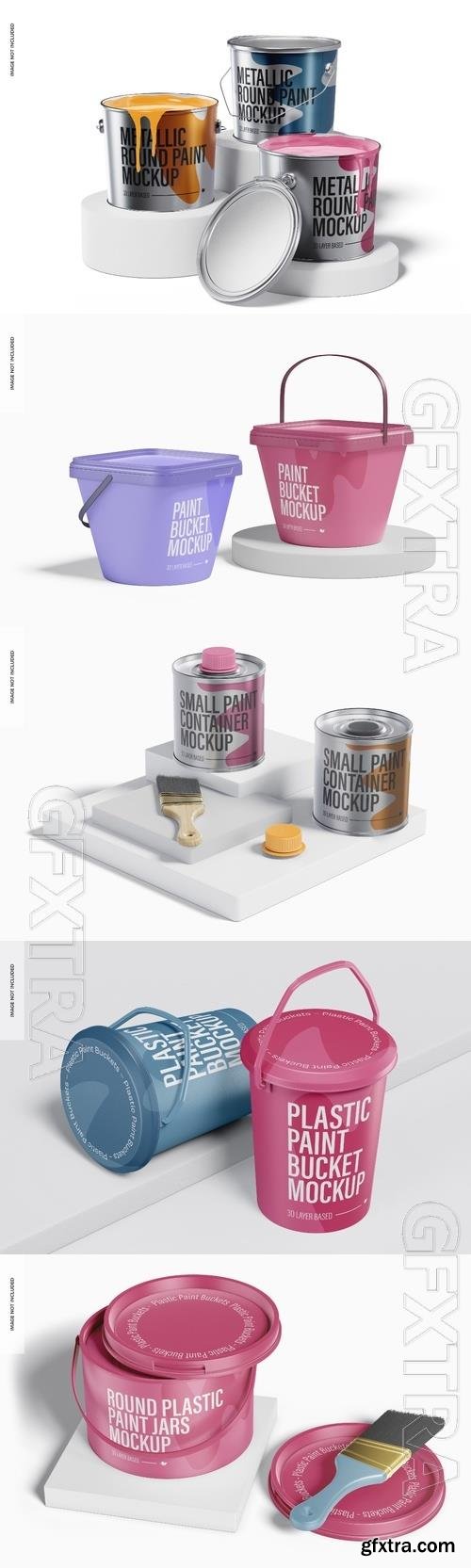 Metallic round paint buckets psd template mockup, opened and closed