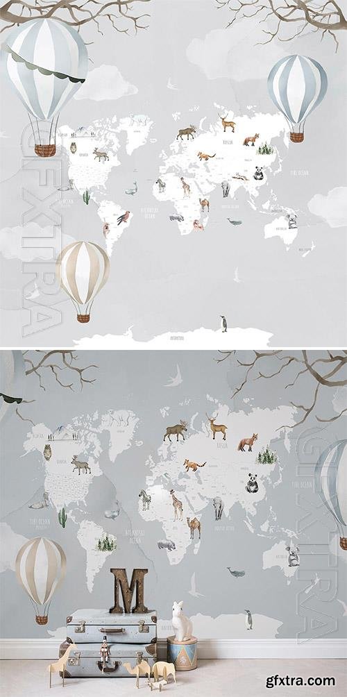 World map with animals - Wallpaper for interior design