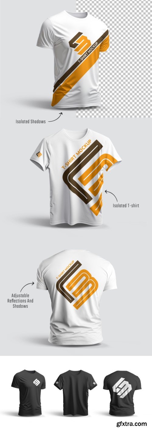 Front, Back and Flat View of Three T-shirts Mockup 562674755