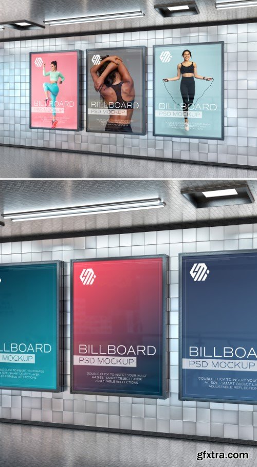Three Billboards on Underground Subway Wall Mockup 540660335