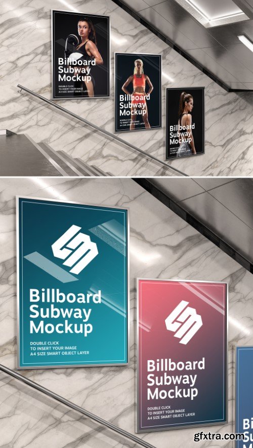 Three Billboards on Underground Subway Wall with Stairs Mockup 562695613