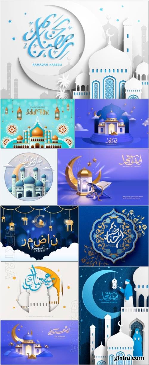 Ramadan, Eid mubarak design with decorative circular vector background 