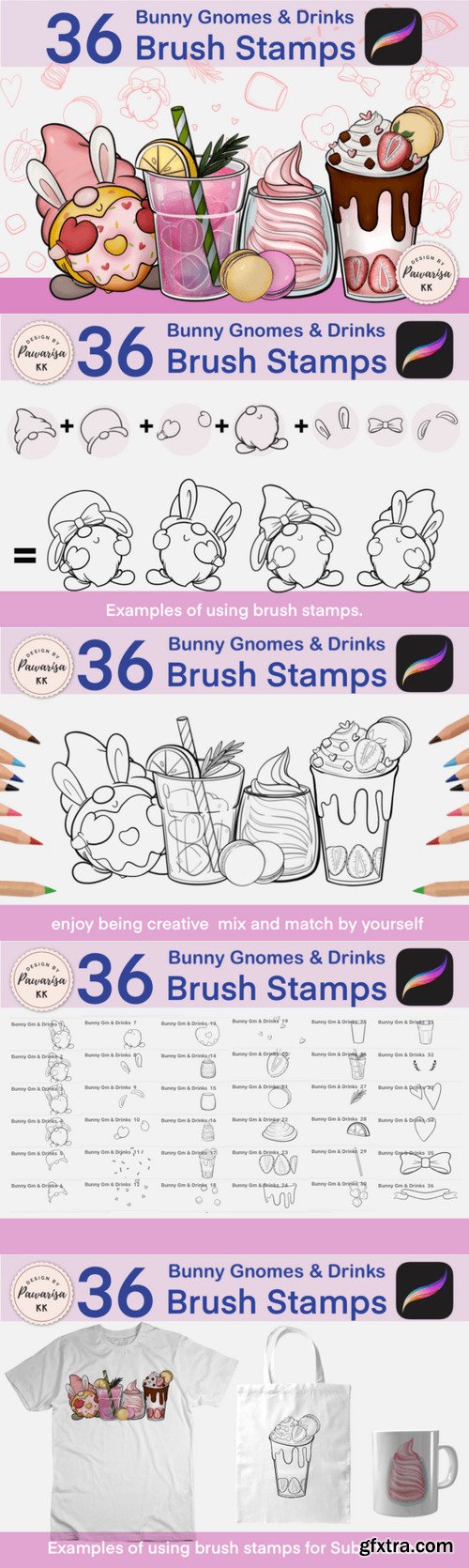 36 Procreate Stamp Bunny Gnome & Drink