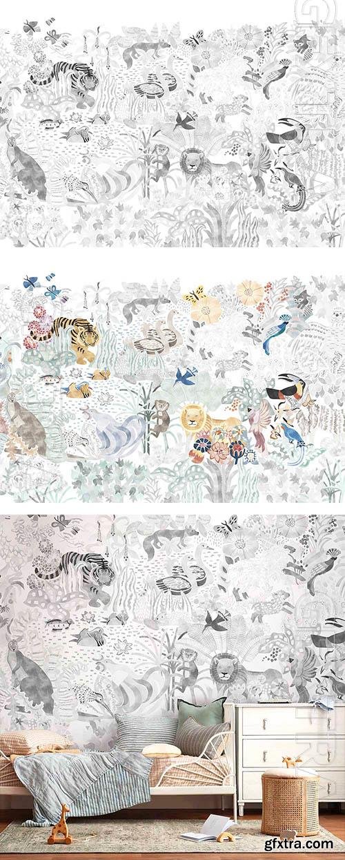 Animals and birds, Garden of Eden - Wallpaper for interior