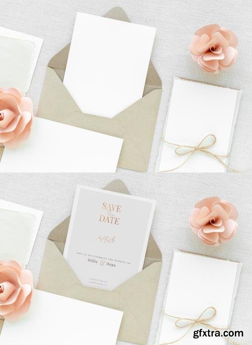 Wedding Card Template Mockup with Pink Roses 433131335