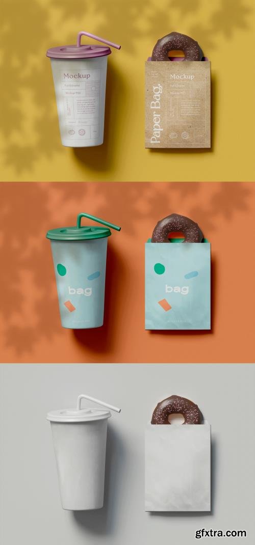 Paper Cup with Bag and Donut Mockup 427702238