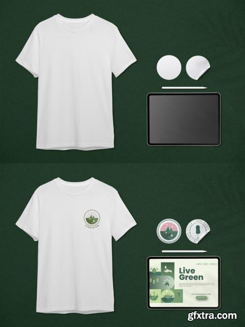 Eco Tshirt Mockup with Tablet and Sticker 441407760