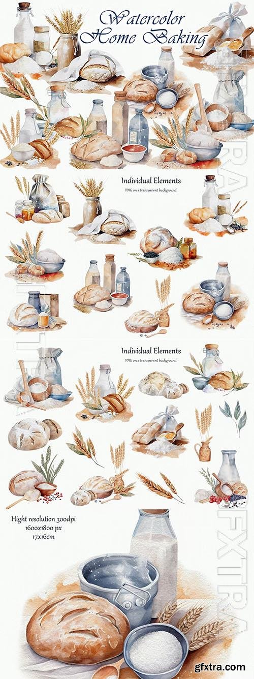 Watercolor clipart with вaking, bread 