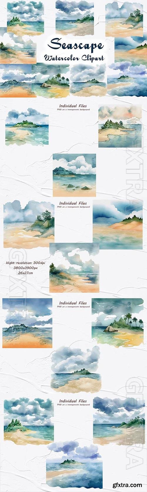 Watercolor clipart with seascapes, sea, beach