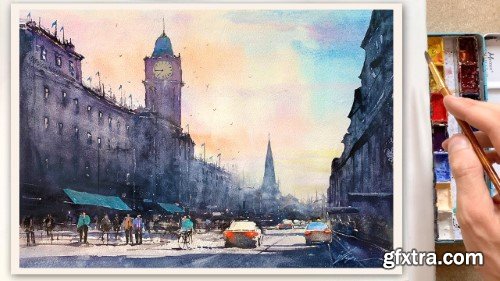 Capturing the Magic of a Sunset Cityscape: A Step-by-Step Watercolor Painting with Luminous Colors