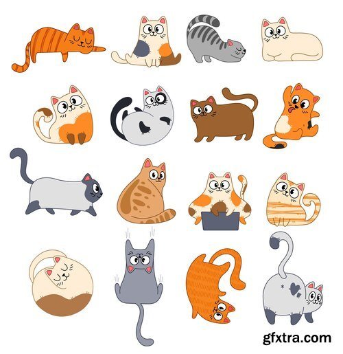 Big set of cute cartoon multi-colored cats. striped and spotted funny cats sitting, lying, happy pet