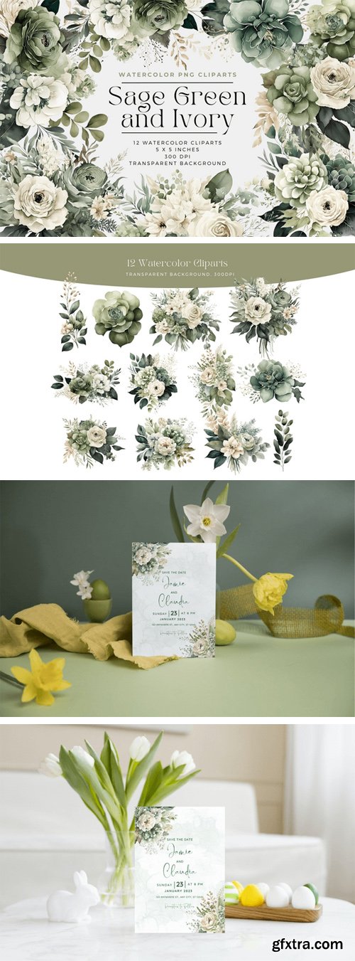 Watercolors Sage Green & Ivory Flowers PNG Collection Watercolors Sage Green & Ivory Flowers PNG Collection