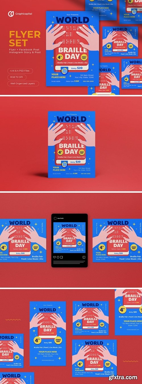 Blue Modern Braille Day Flyer Set V9HP7GE