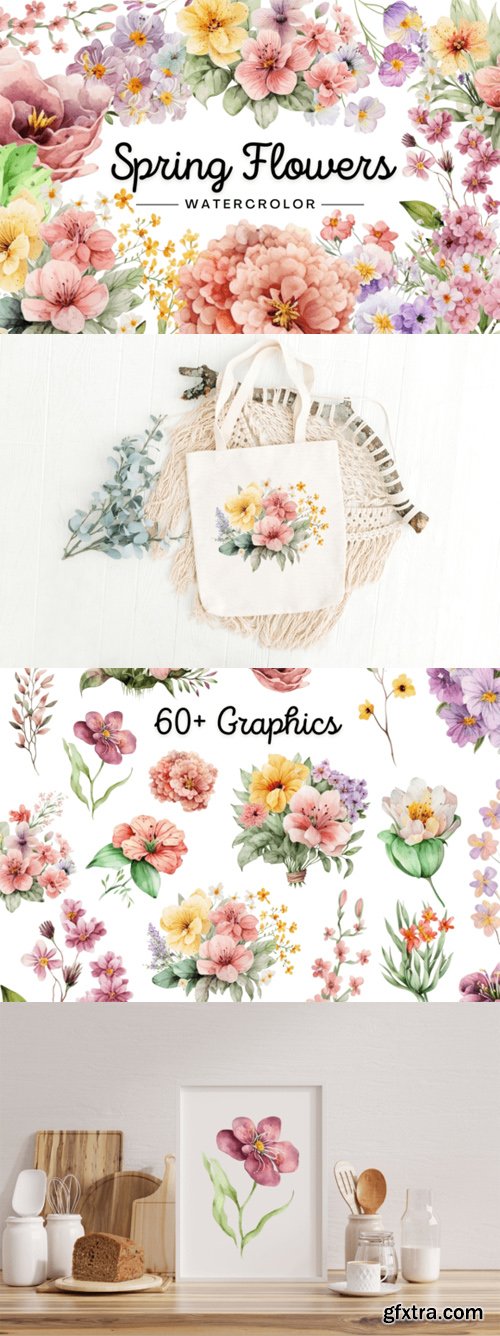Watercolor Spring Flowers Clipart 64xPNG