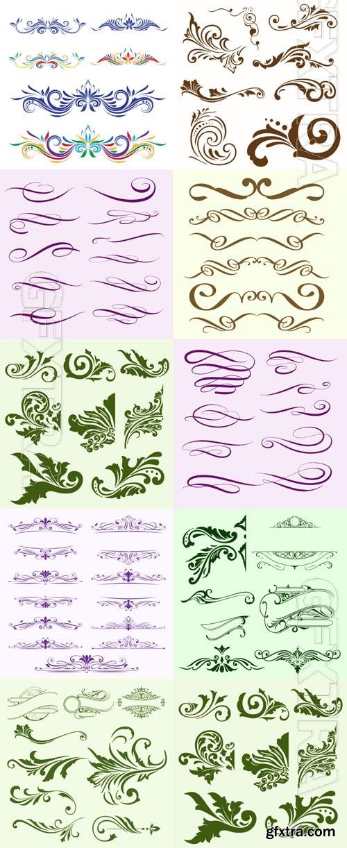 Ornaments, frame, dividers, scrolls, line, patterns, curls, borders, floral, design elements, calligraphic, decorative hand drawn vector set
