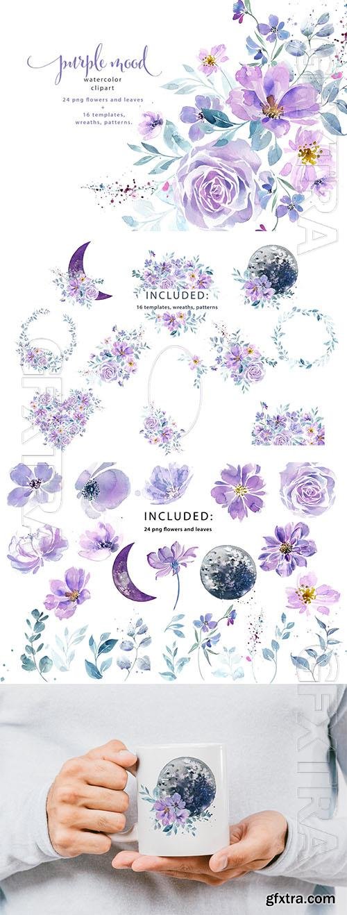 Watercolor flowers and leaves pak design elements