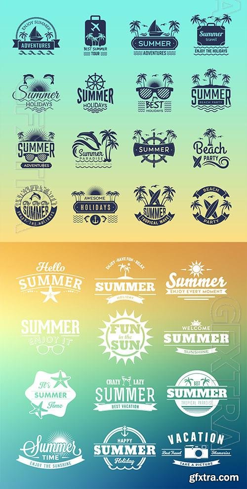 Vector summer travel logos, tropical vacation badges, symbols palm tree drinks beach