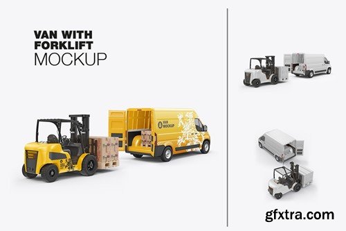 Set Forklift with Boxes And Panel Van Mockup Set Forklift with Boxes And Panel Van Mockup