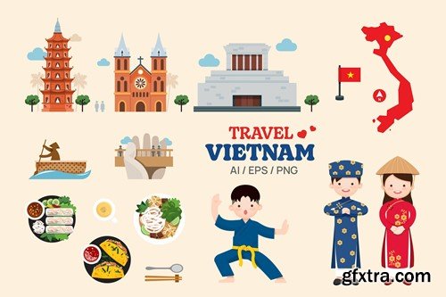 Travel Vietnam elements map and landmarks symbols NFES8HT Travel Vietnam elements map and landmarks symbols NFES8HT
