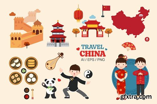 Travel China elements map and landmarks symbols. 3X8SH56 Travel China elements map and landmarks symbols. 3X8SH56