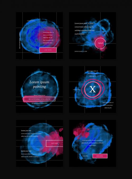 Square Layouts With Magenta And Blue Watercolor Elements on Black Contrast Backdrop 565431093