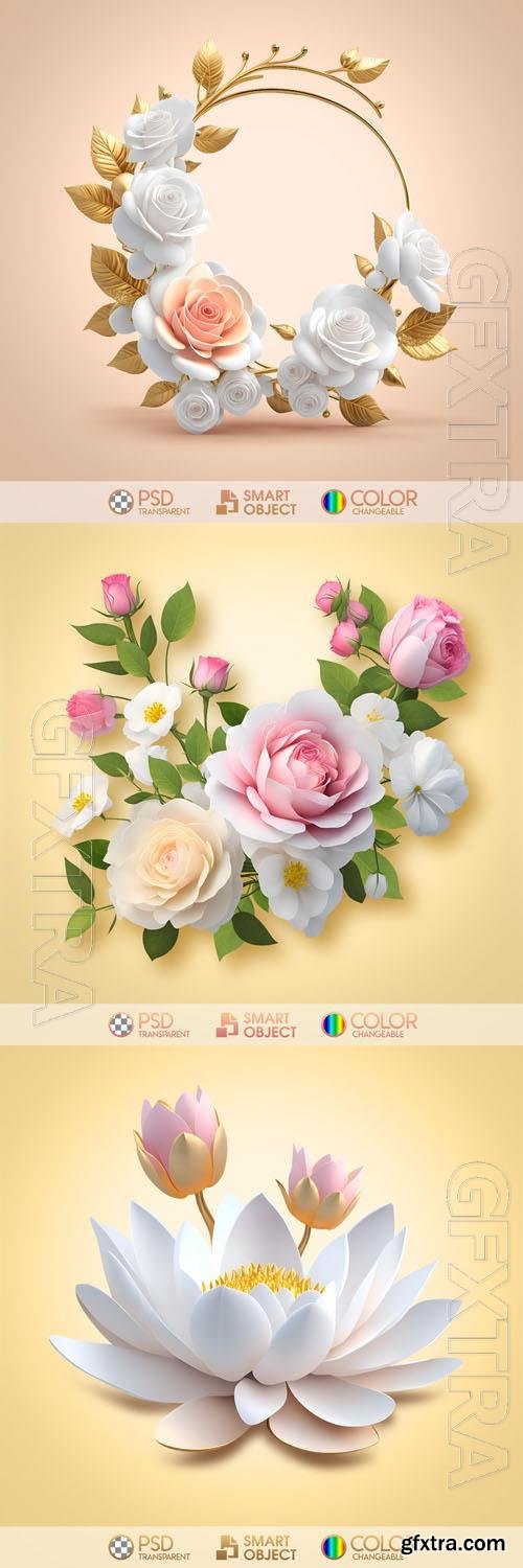 Pink and white roses, lotus in psd