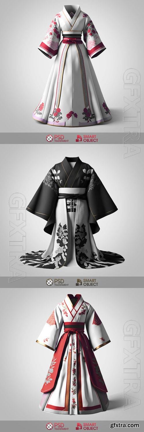Black and white kimono, dress with flowers in psd