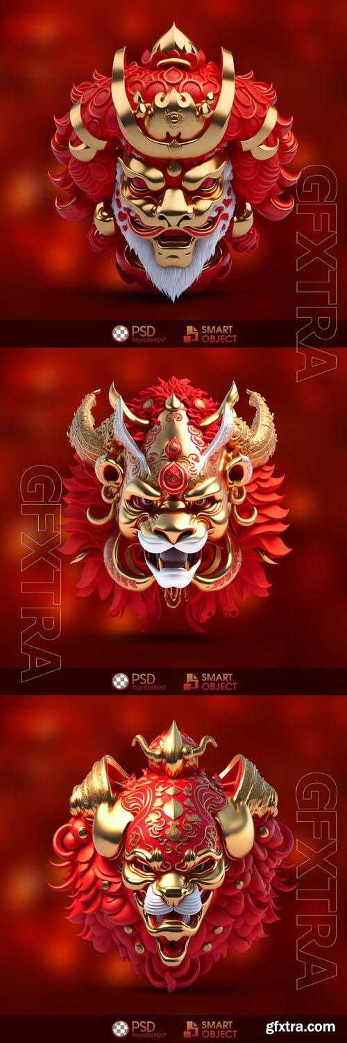 Chinese dragon, red and gold lion head with gold accents and a gold crown