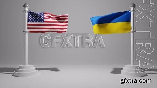 3D USA And Ukraine Flags Waving On Poles 1448965